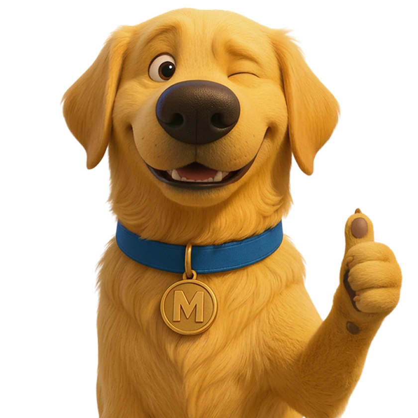 Max, the Save Max Auto golden retriever mascot, giving a thumbs-up